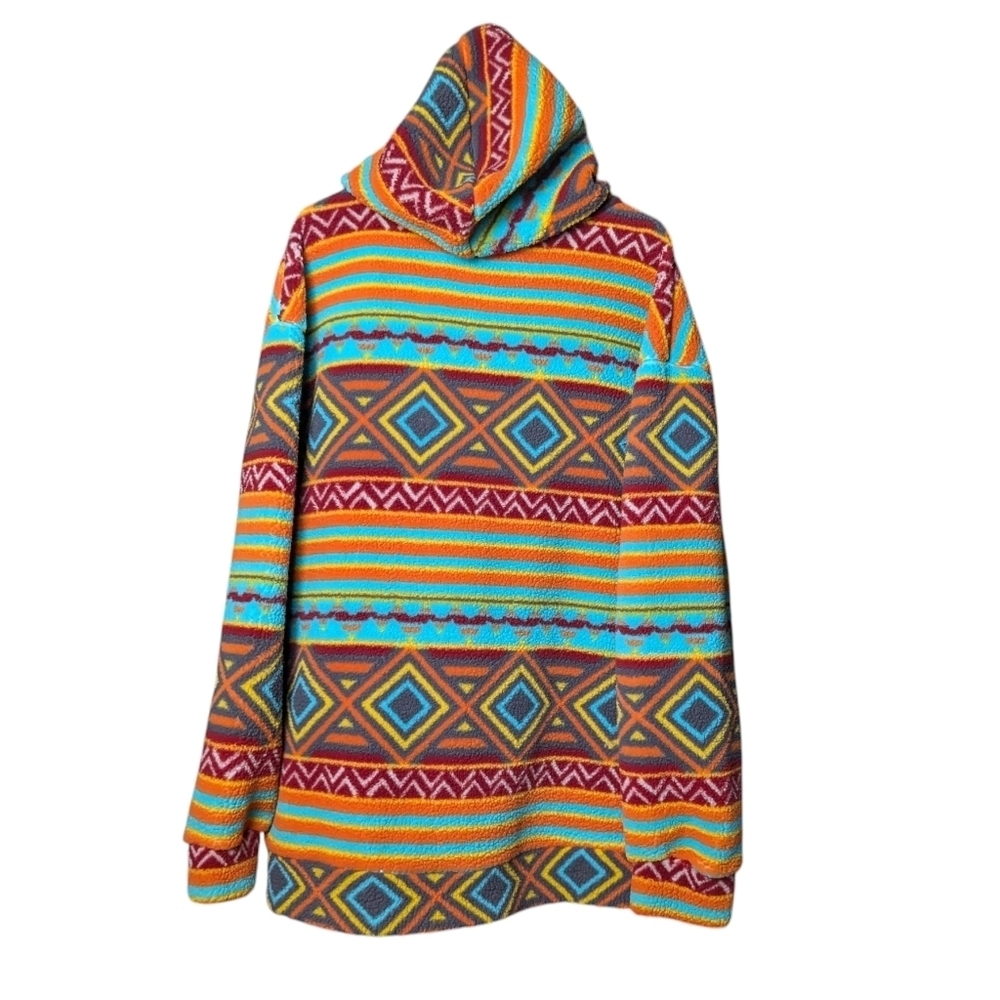 RF Aztec Bright Colorful Geometric Pattern Hoodie Drawstring Turquoise Like New - Picture 5 of 12